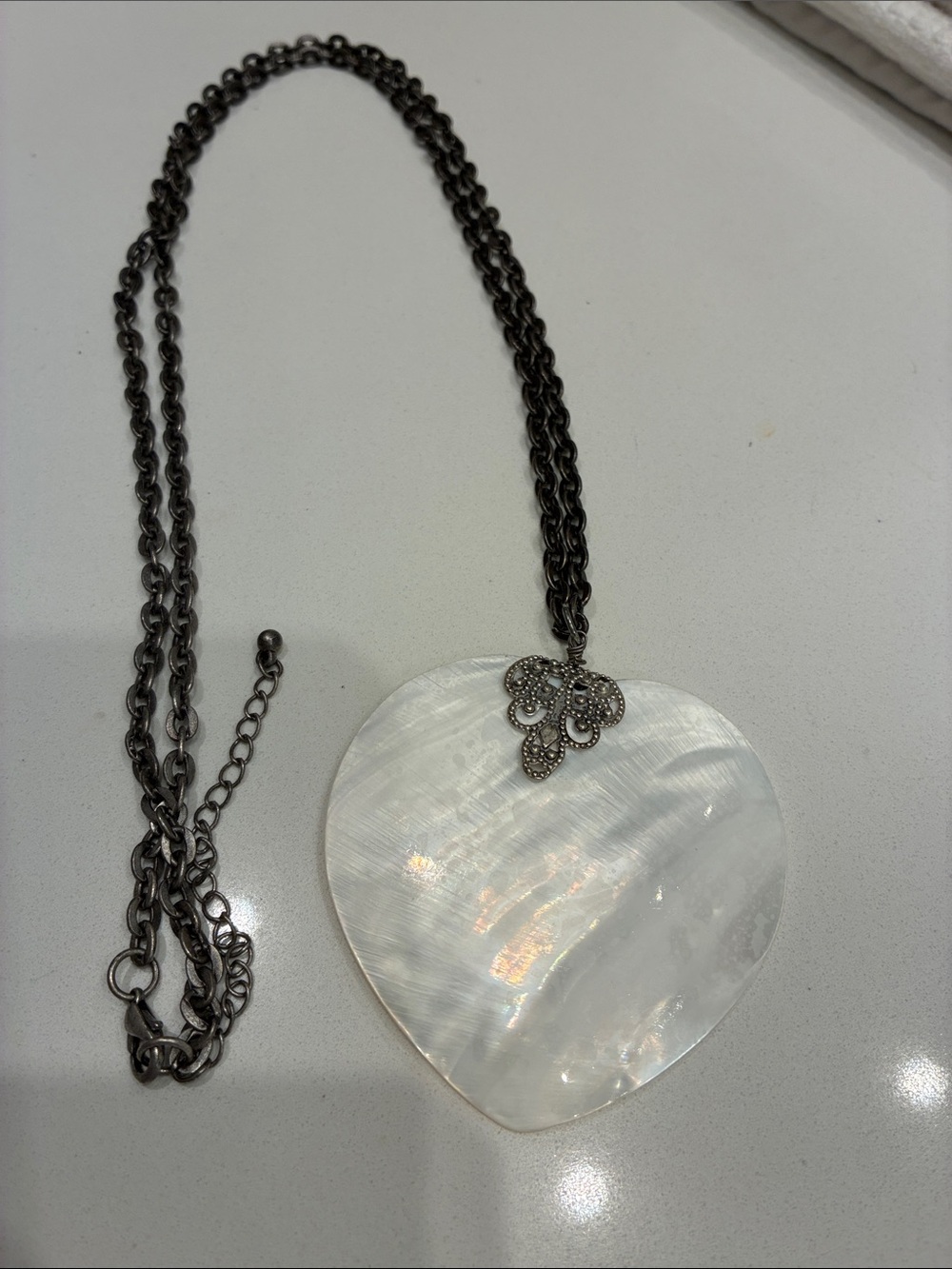 Mother of Pearl Iridescent Heart Pendant Necklace with Dark Metal Chain